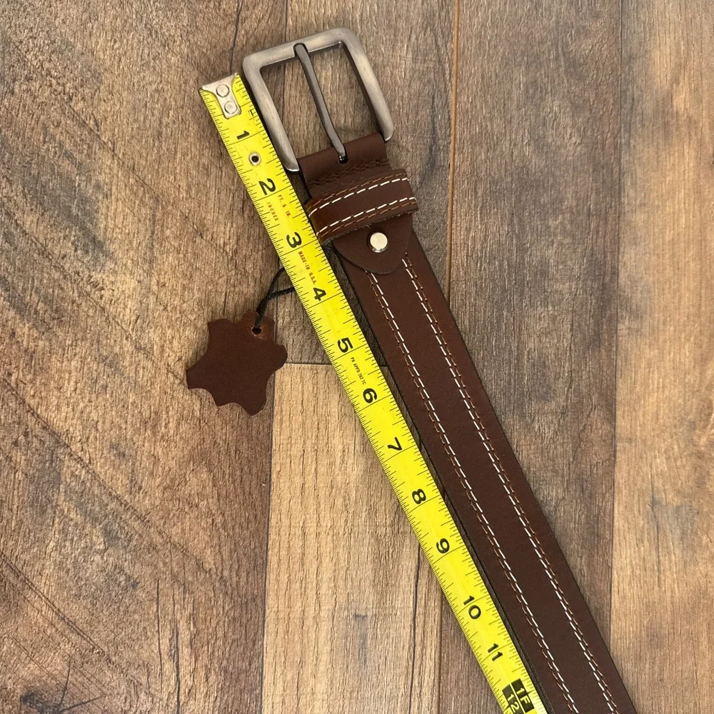 Vintage Handmade Leather Belt Contrast Stitching Silver Buckle Brown‎ Mens 40